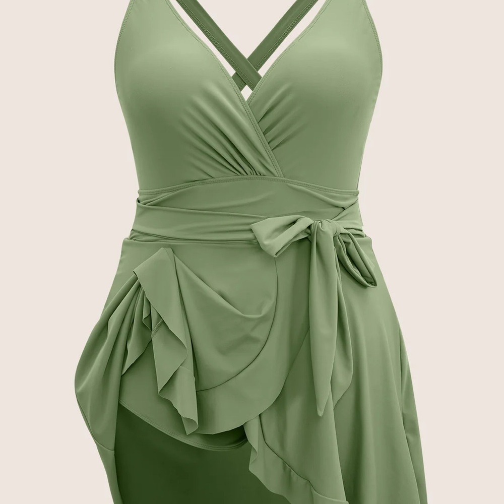 BloomChic Plain Ties Wrap Flutters Olive Green Swim Dress